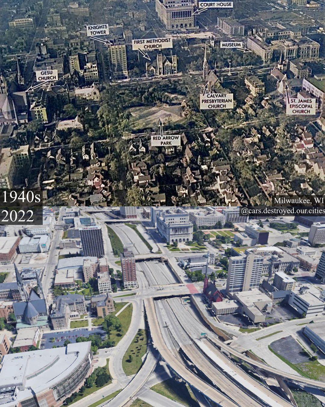 This meme is a before-and-after comparison of the city of Milwaukee, Wisconsin, with the top image being a 1940s-era aerial photograph and the bottom image being a 2022 aerial photograph. The top image shows a dense, old-fashioned city with many buildings and parks, while the bottom image shows a modern, sprawling city with many highways and buildings. The text "1940s" and "2022" appears in the top-left and bottom-left corners of the images, respectively.